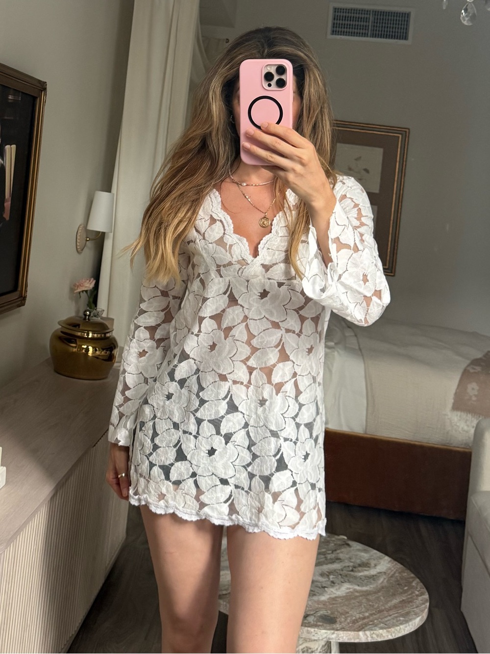 Beach Bunny Swimwear White Floral Lace Mini Dress Cover Up Made California L